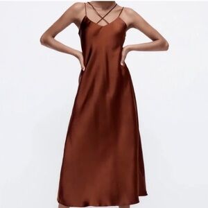 NEW! Zara Brown Satin Maxi Dress